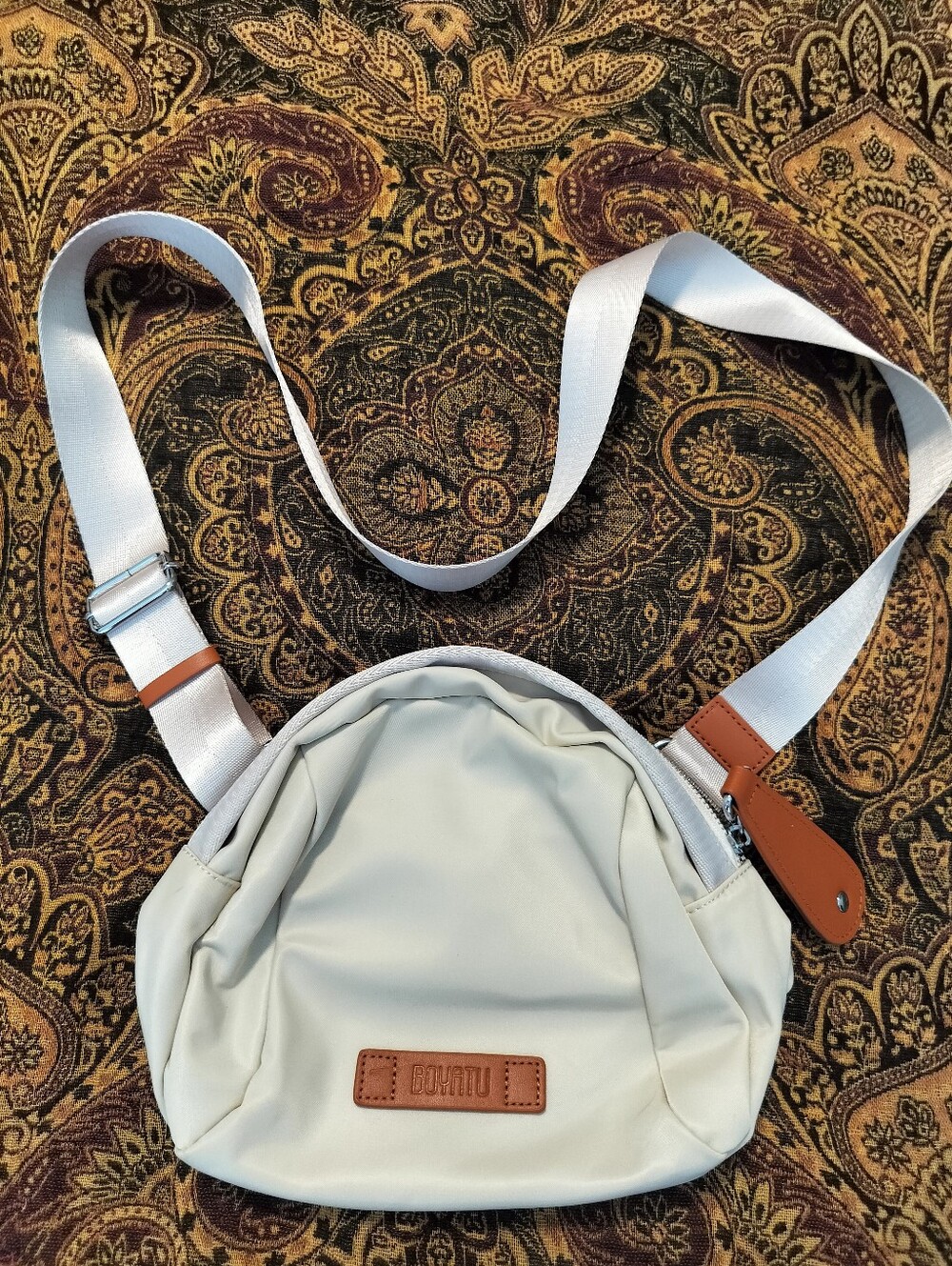 Boyatu Cream Crossbody Sling Bag with Tan Leather Accents